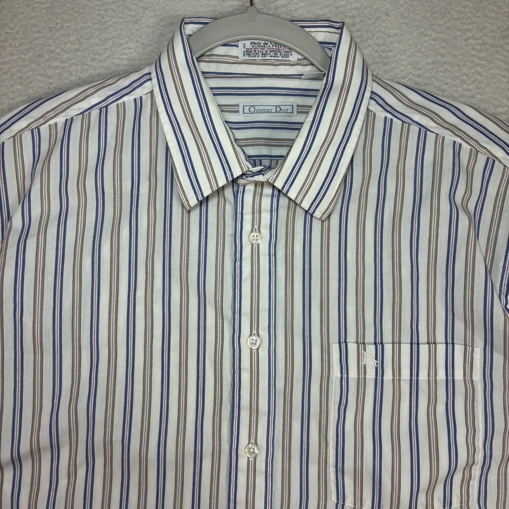 Vintage Christian Dior Dress Shirt Men 17 White Striped Short Sleeve USA 70s